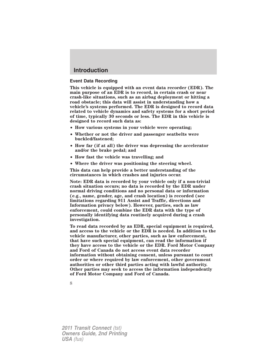Event data recording, Introduction | FORD 2011 Transit Connect v.2 User Manual | Page 8 / 295