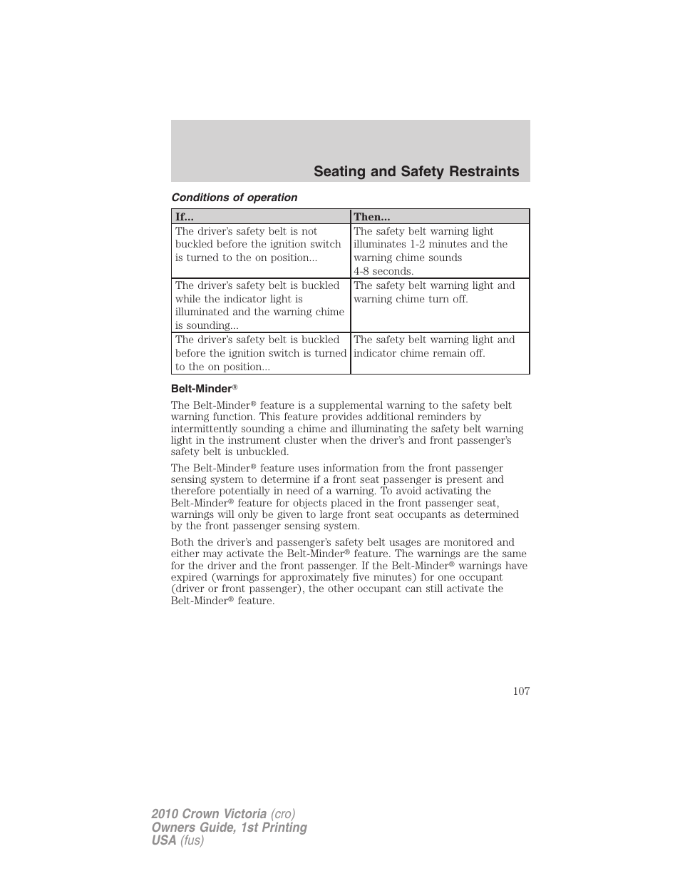 Conditions of operation, Belt-minder, Seating and safety restraints | FORD 2010 Crown Victoria v.1 User Manual | Page 107 / 306