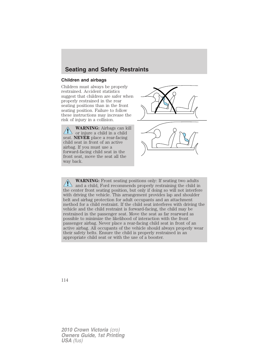 Children and airbags, Seating and safety restraints | FORD 2010 Crown Victoria v.1 User Manual | Page 114 / 306