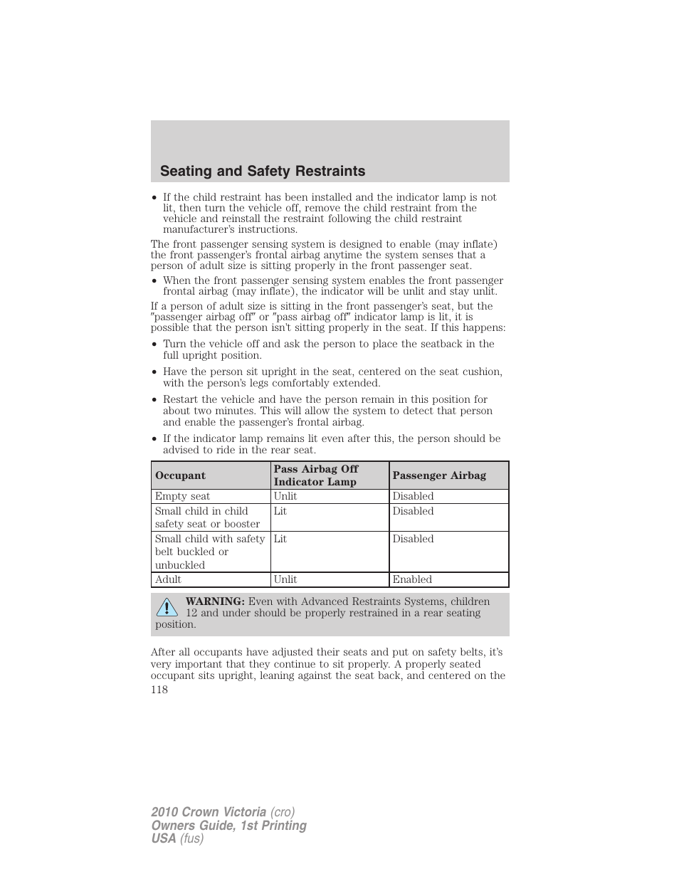 Seating and safety restraints | FORD 2010 Crown Victoria v.1 User Manual | Page 118 / 306