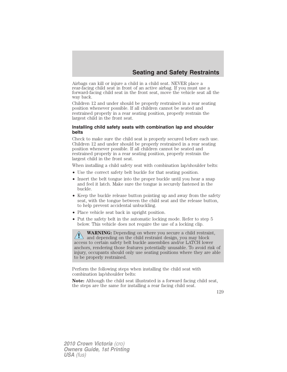 Seating and safety restraints | FORD 2010 Crown Victoria v.1 User Manual | Page 129 / 306