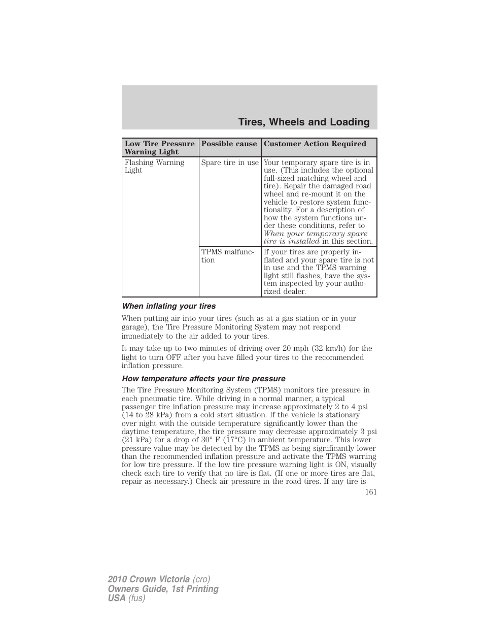 When inflating your tires, How temperature affects your tire pressure, Tires, wheels and loading | FORD 2010 Crown Victoria v.1 User Manual | Page 161 / 306