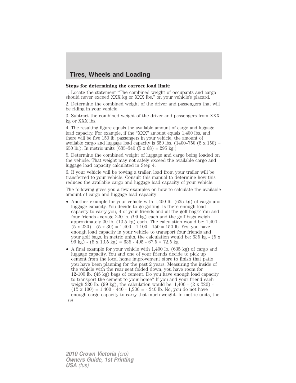 Tires, wheels and loading | FORD 2010 Crown Victoria v.1 User Manual | Page 168 / 306