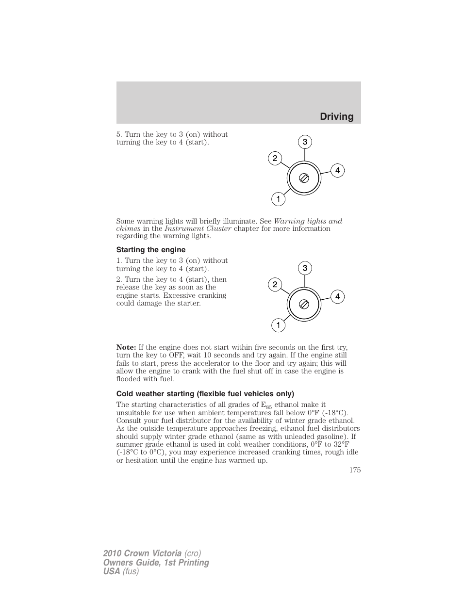 Starting the engine, Driving | FORD 2010 Crown Victoria v.1 User Manual | Page 175 / 306