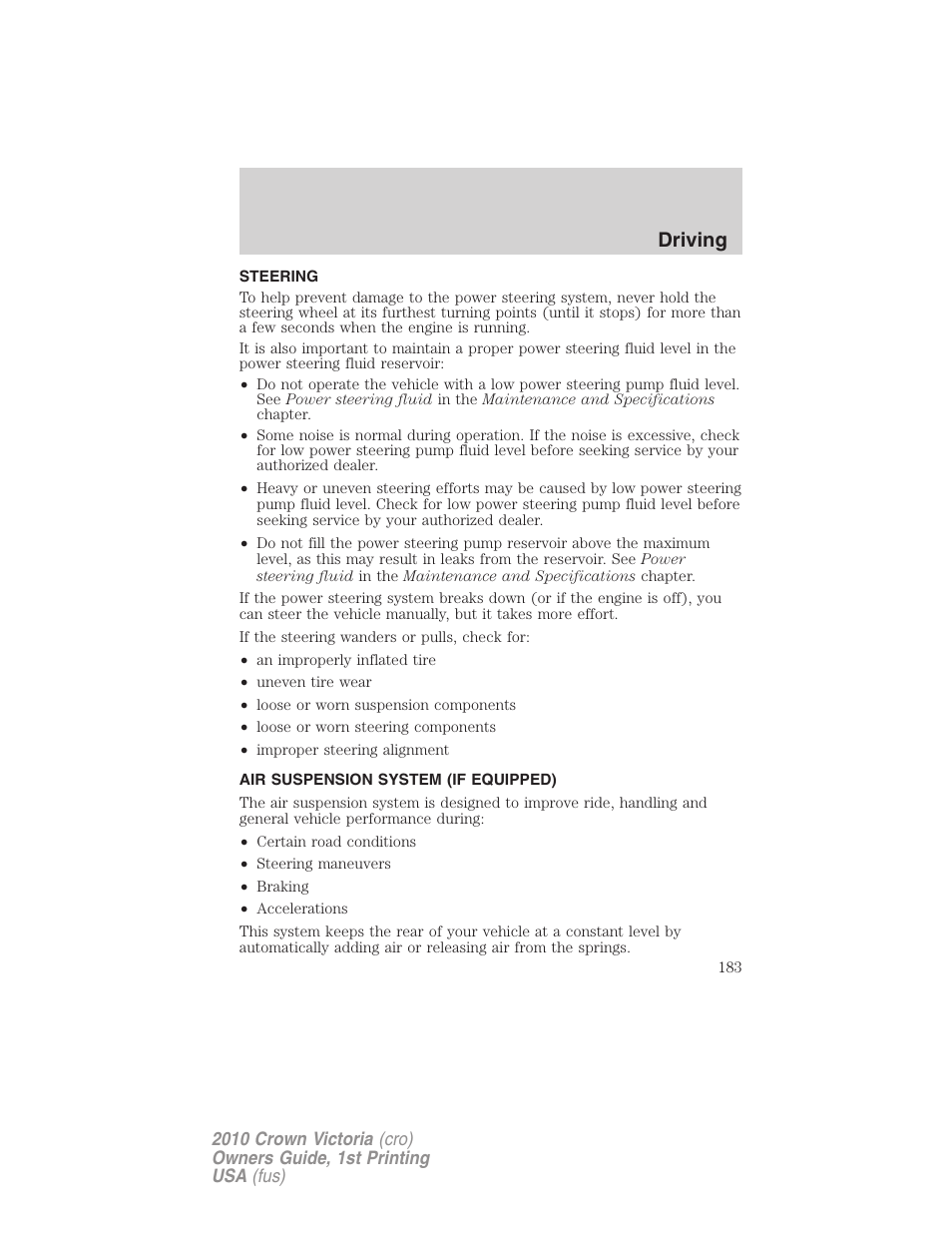 Steering, Air suspension system (if equipped), Air suspension | Driving | FORD 2010 Crown Victoria v.1 User Manual | Page 183 / 306