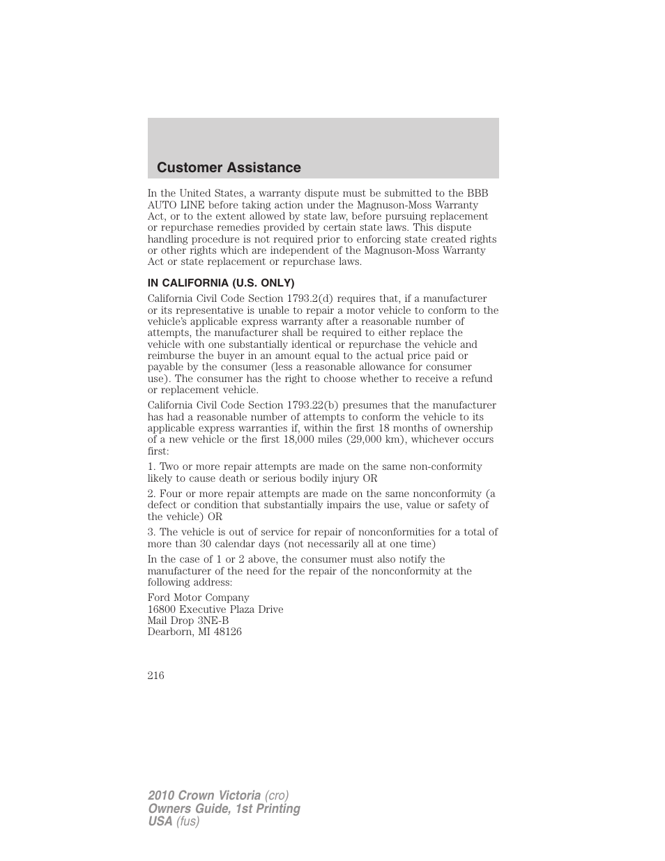 In california (u.s. only), Customer assistance | FORD 2010 Crown Victoria v.1 User Manual | Page 216 / 306