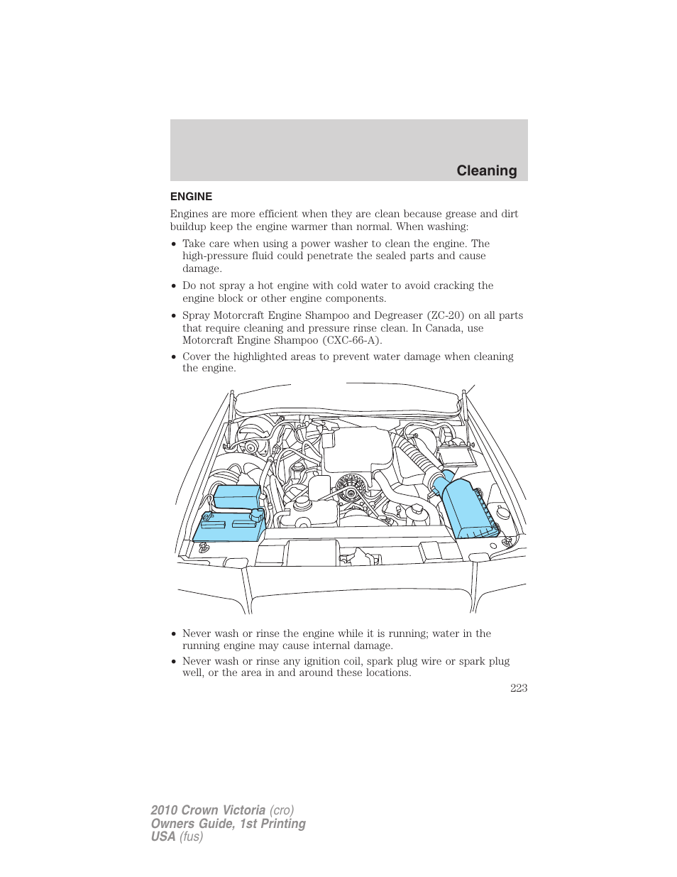 Engine, Cleaning | FORD 2010 Crown Victoria v.1 User Manual | Page 223 / 306