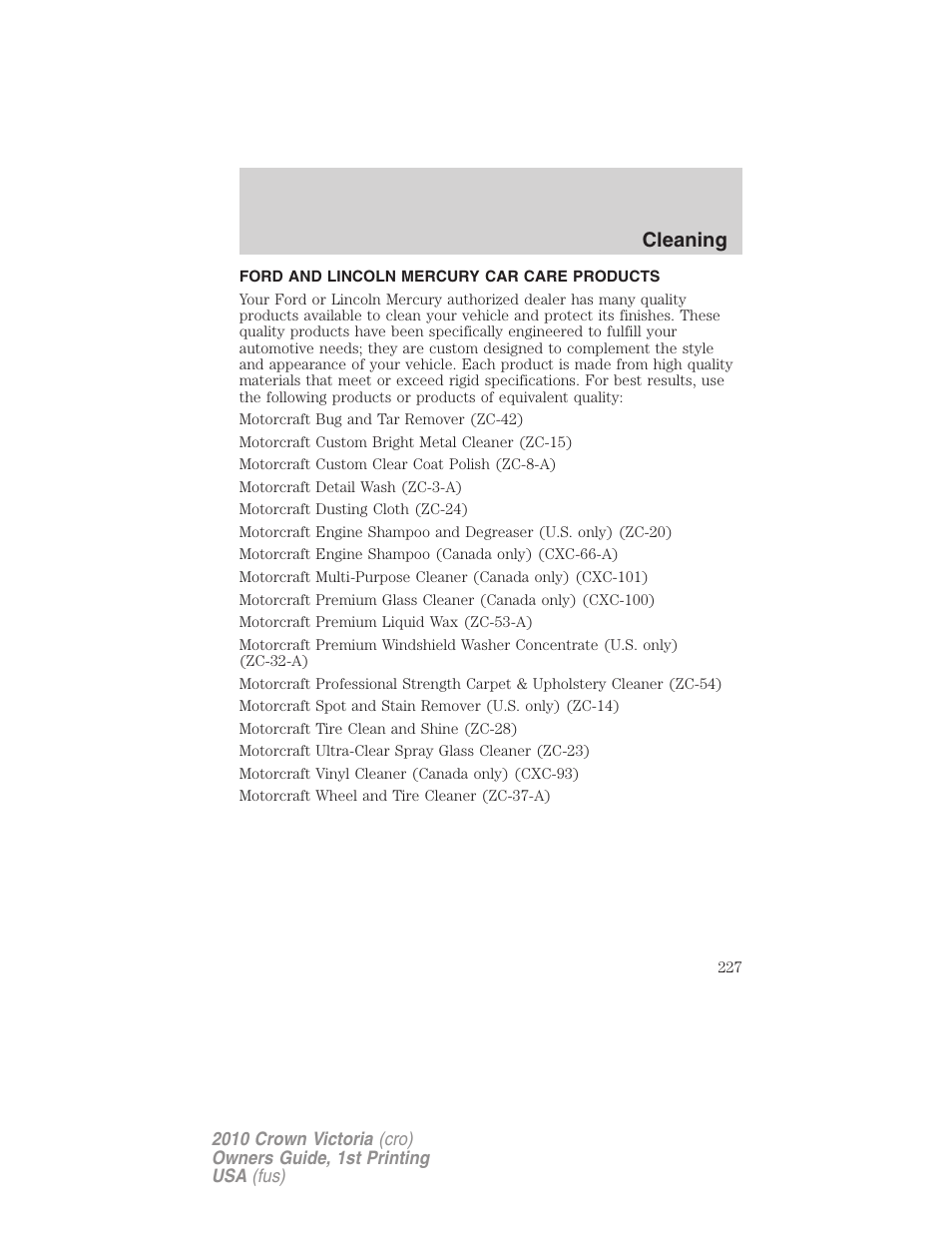 Ford and lincoln mercury car care products, Cleaning | FORD 2010 Crown Victoria v.1 User Manual | Page 227 / 306