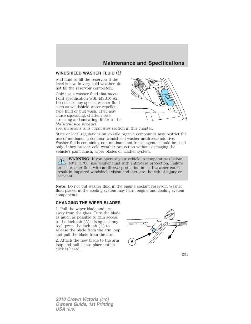 Windshield washer fluid, Changing the wiper blades, Maintenance and specifications | FORD 2010 Crown Victoria v.1 User Manual | Page 231 / 306