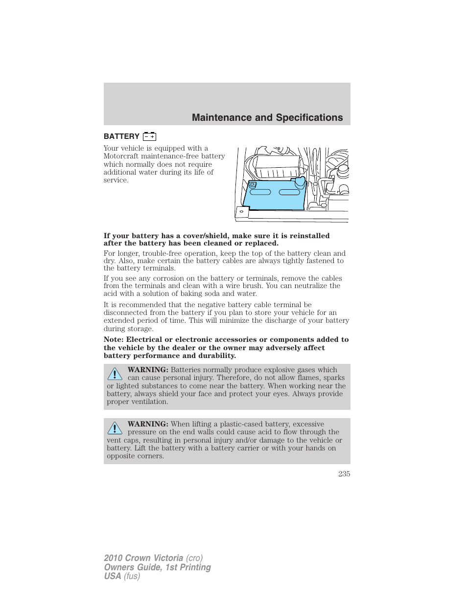 Battery, Maintenance and specifications | FORD 2010 Crown Victoria v.1 User Manual | Page 235 / 306