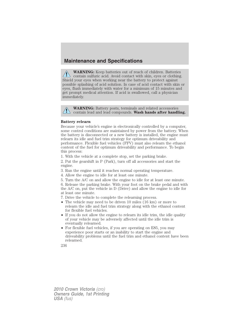 Maintenance and specifications | FORD 2010 Crown Victoria v.1 User Manual | Page 236 / 306