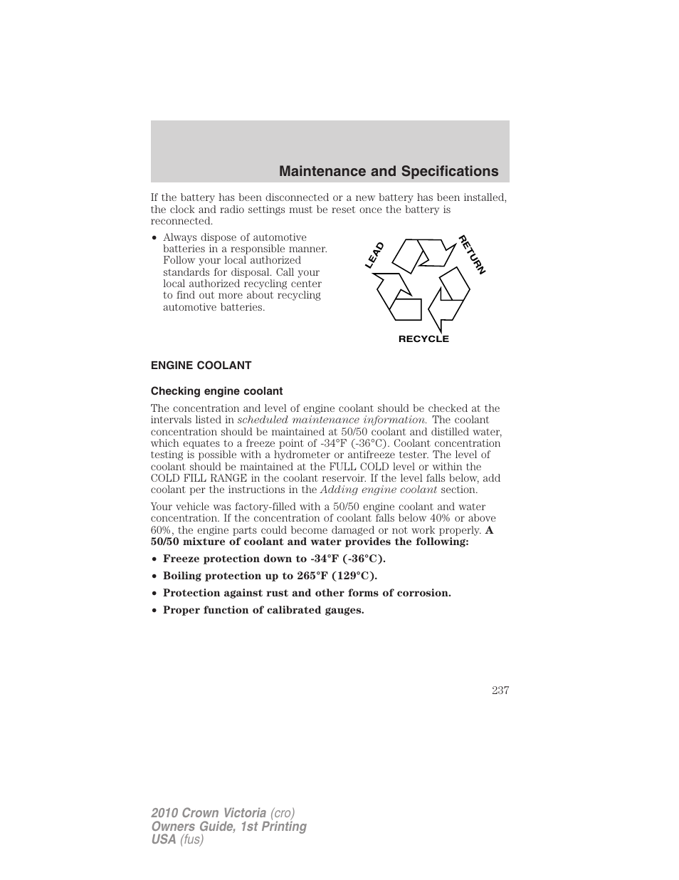 Engine coolant, Checking engine coolant, Maintenance and specifications | FORD 2010 Crown Victoria v.1 User Manual | Page 237 / 306