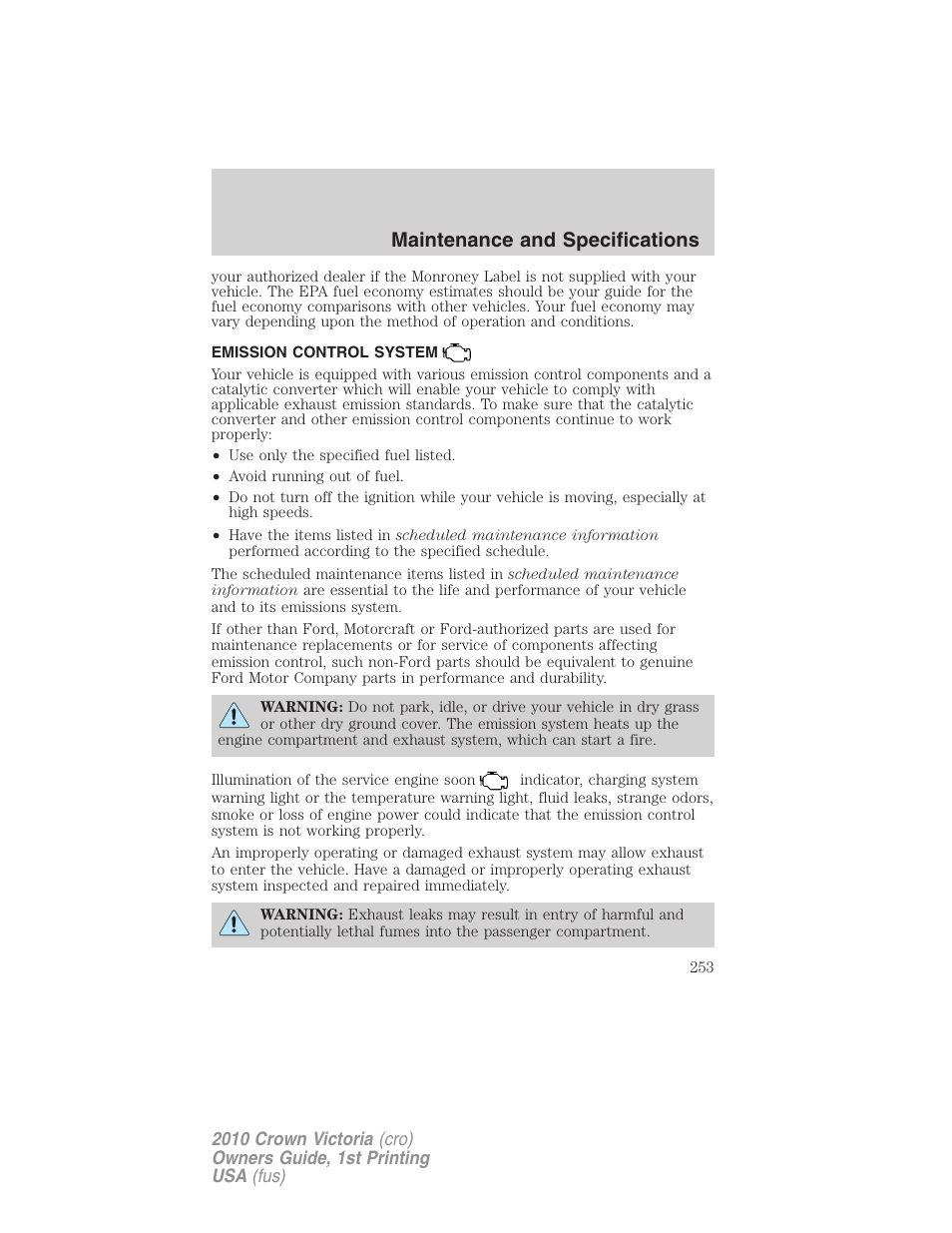 Emission control system, Maintenance and specifications | FORD 2010 Crown Victoria v.1 User Manual | Page 253 / 306