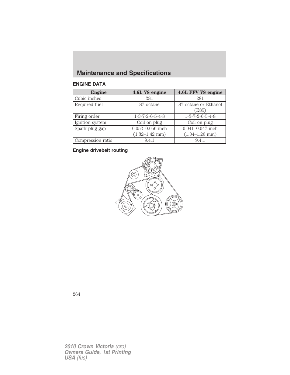 Engine data, Engine drivebelt routing, Maintenance and specifications | FORD 2010 Crown Victoria v.1 User Manual | Page 264 / 306