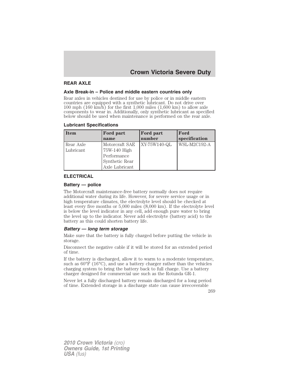 Rear axle, Lubricant specifications, Electrical | Battery — police, Battery — long term storage, Crown victoria severe duty | FORD 2010 Crown Victoria v.1 User Manual | Page 269 / 306