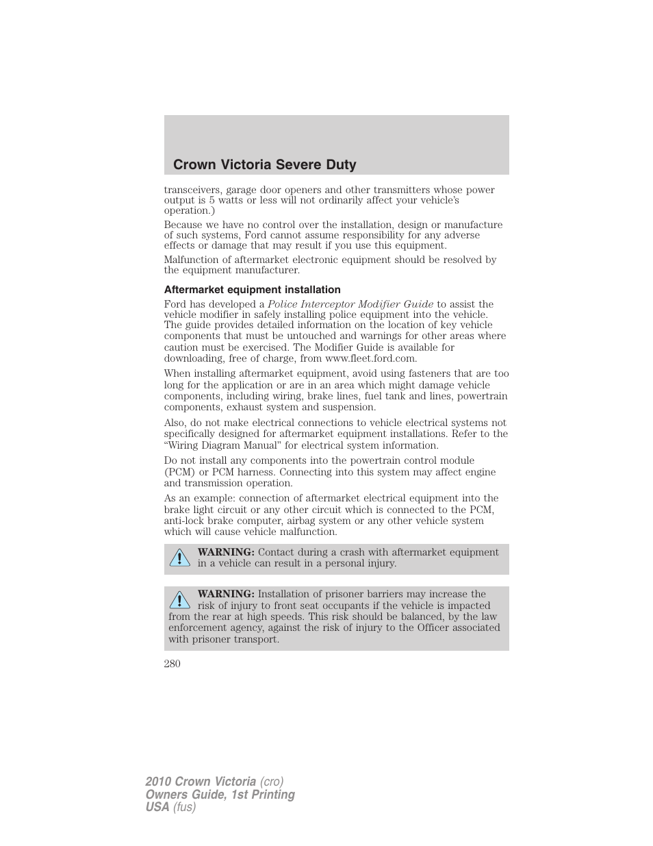 Aftermarket equipment installation, Crown victoria severe duty | FORD 2010 Crown Victoria v.1 User Manual | Page 280 / 306