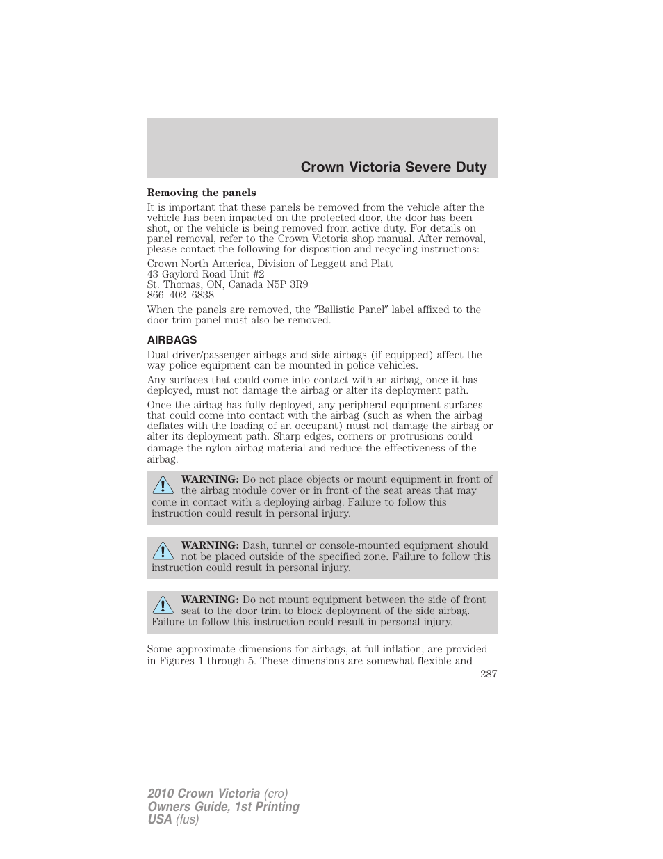 Airbags, Crown victoria severe duty | FORD 2010 Crown Victoria v.1 User Manual | Page 287 / 306