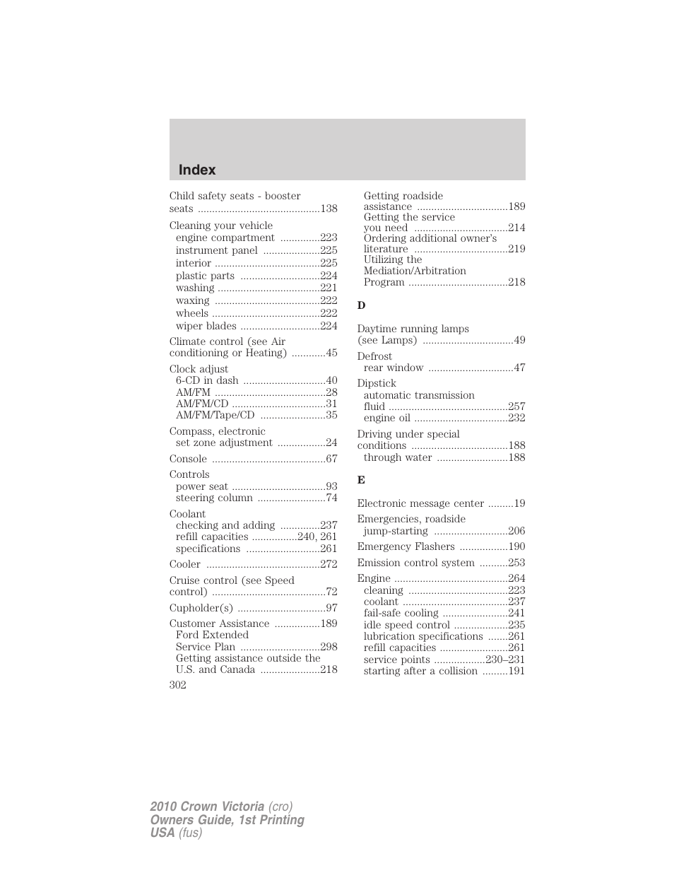 Index | FORD 2010 Crown Victoria v.1 User Manual | Page 302 / 306