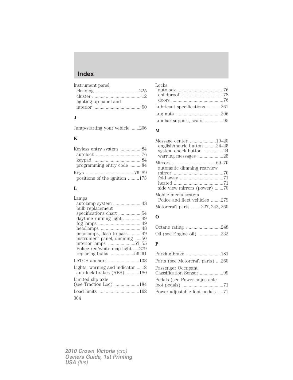 Index | FORD 2010 Crown Victoria v.1 User Manual | Page 304 / 306