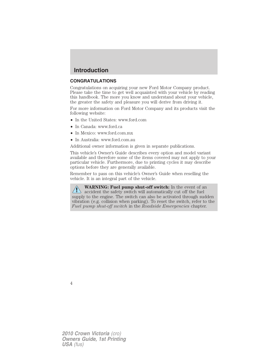 Introduction, Congratulations | FORD 2010 Crown Victoria v.1 User Manual | Page 4 / 306