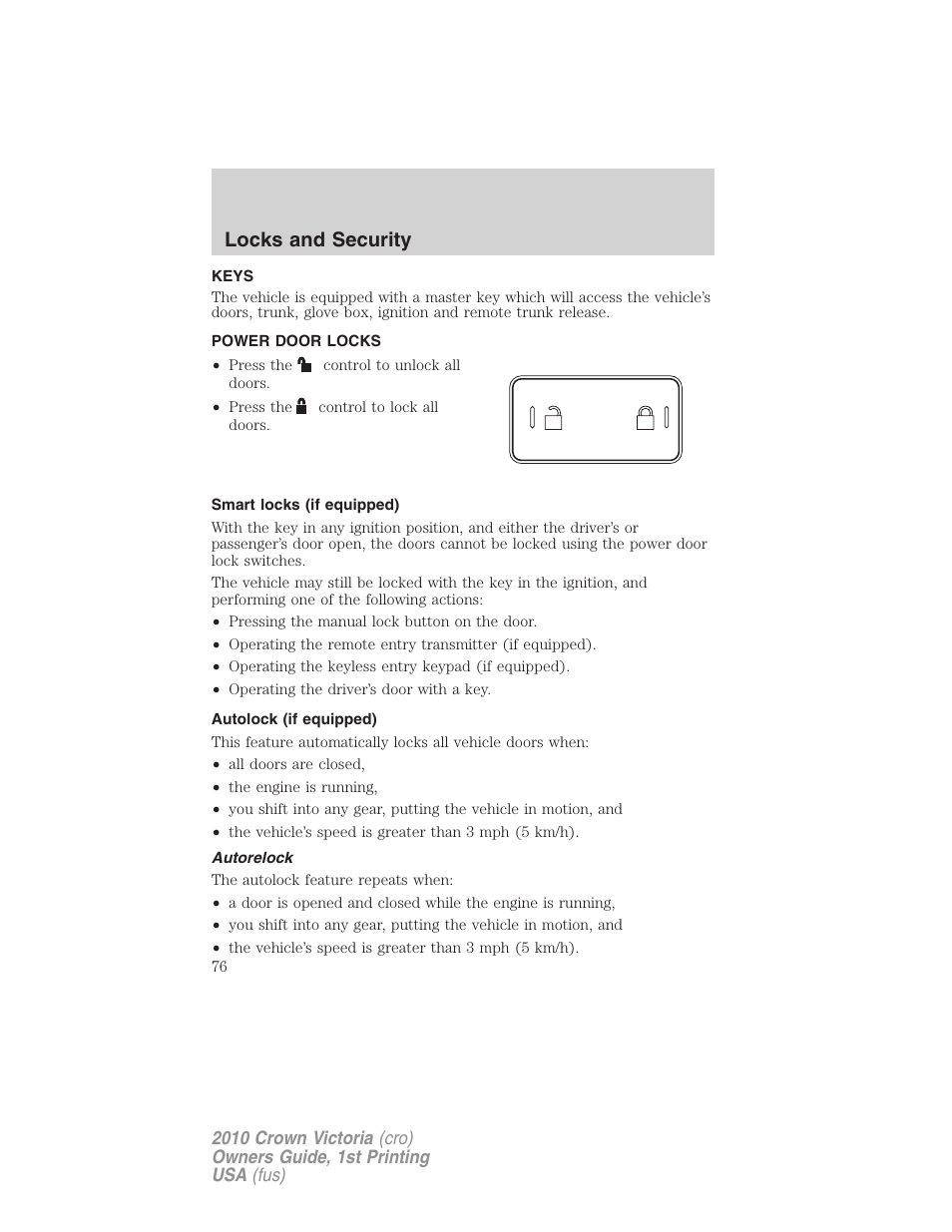 Locks and security, Keys, Power door locks | Smart locks (if equipped), Autolock (if equipped), Autorelock, Locks | FORD 2010 Crown Victoria v.1 User Manual | Page 76 / 306