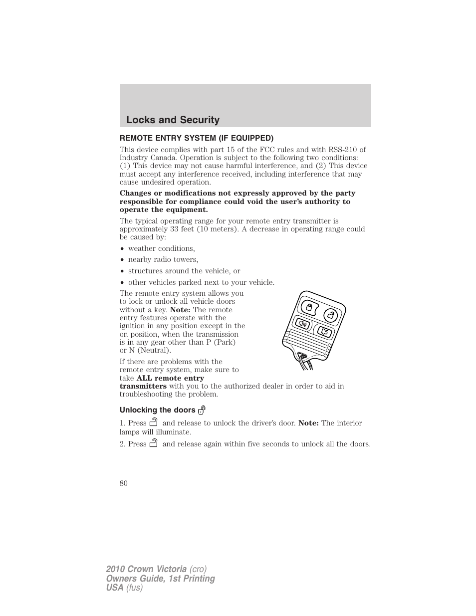 Remote entry system (if equipped), Unlocking the doors, Locks and security | FORD 2010 Crown Victoria v.1 User Manual | Page 80 / 306