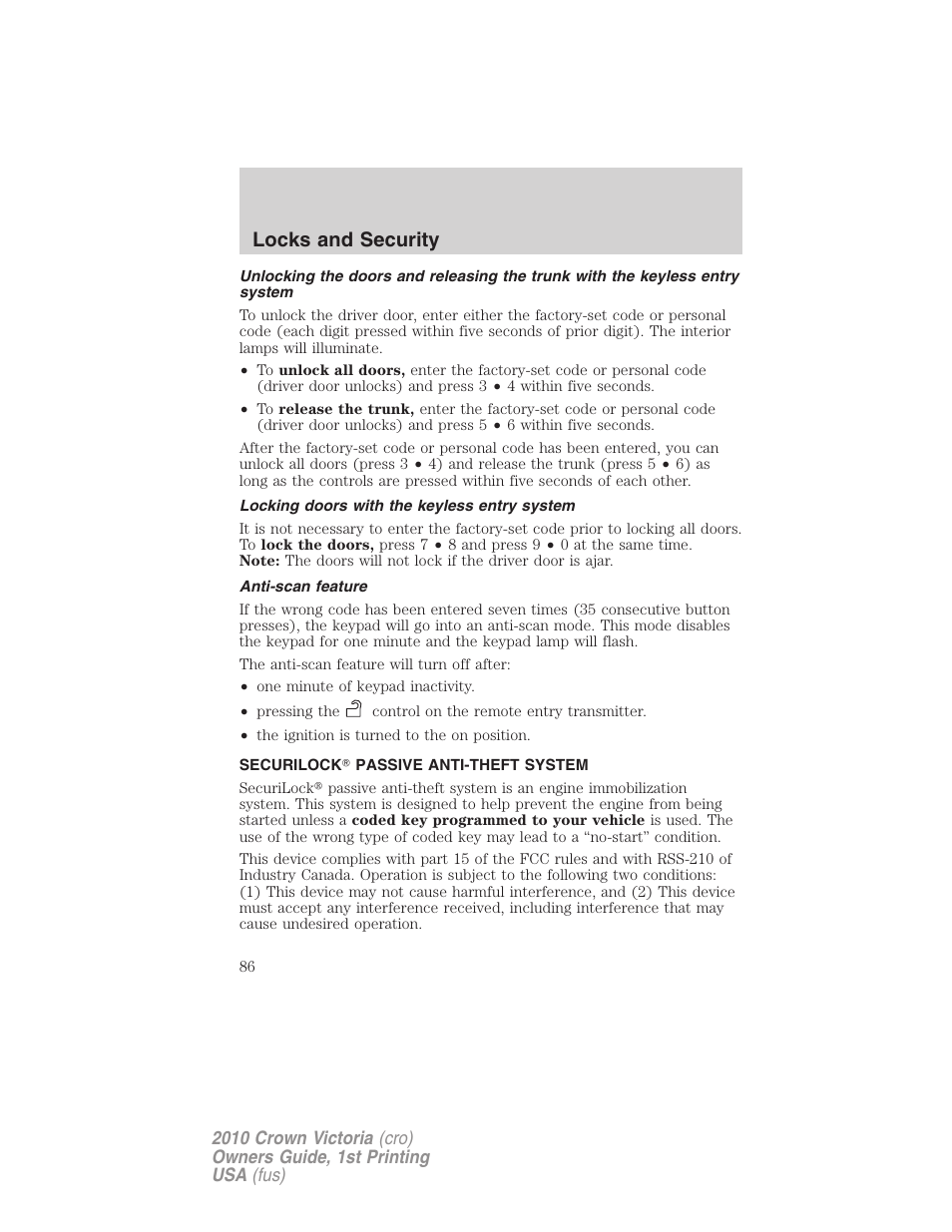 Locking doors with the keyless entry system, Anti-scan feature, Securilock passive anti-theft system | Locks and security | FORD 2010 Crown Victoria v.1 User Manual | Page 86 / 306