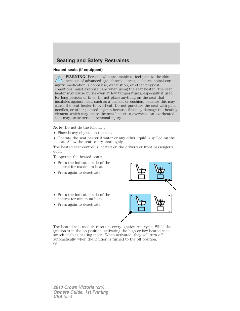 Heated seats (if equipped), Seating and safety restraints | FORD 2010 Crown Victoria v.1 User Manual | Page 96 / 306