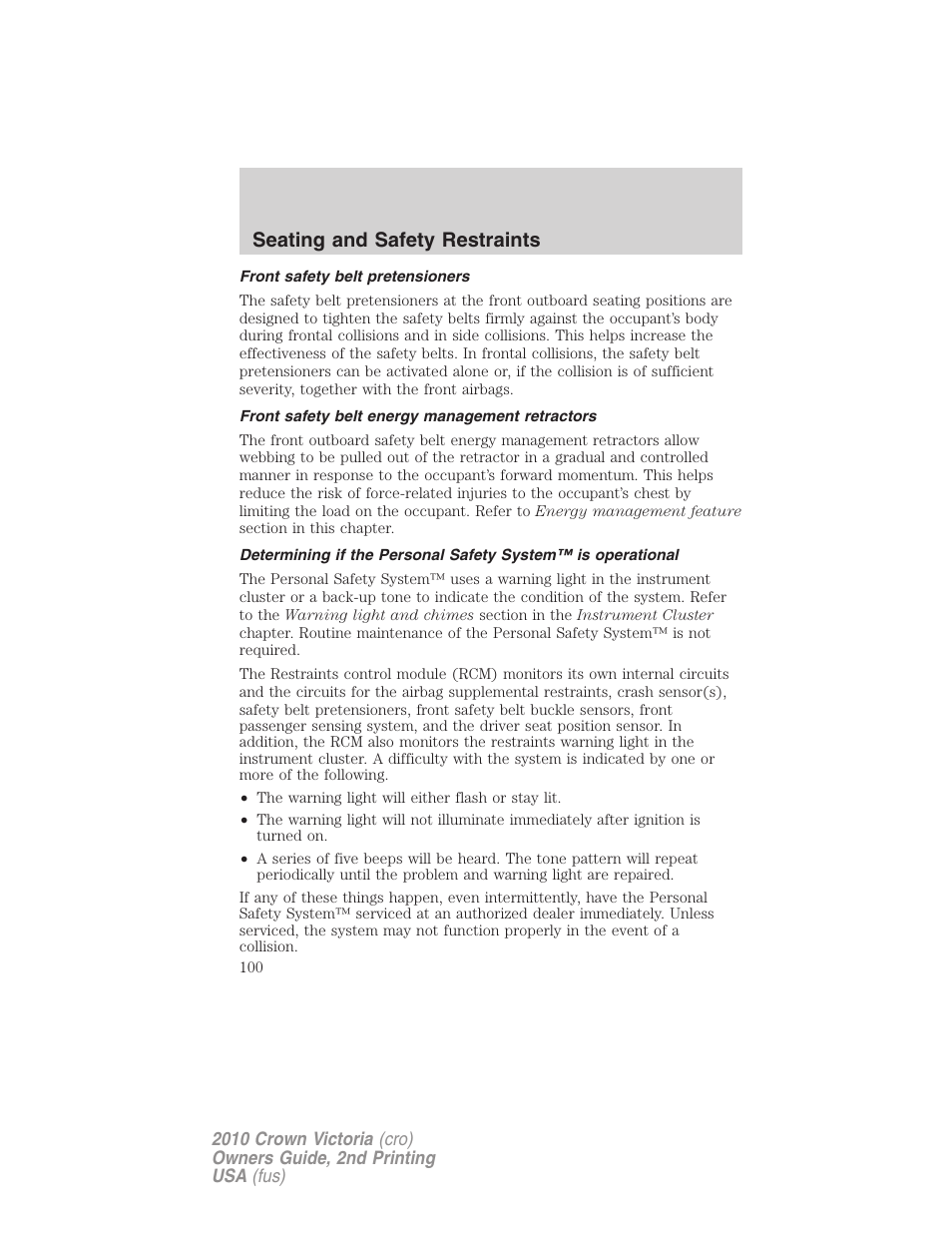 Front safety belt pretensioners, Front safety belt energy management retractors, Seating and safety restraints | FORD 2010 Crown Victoria v.2 User Manual | Page 100 / 308