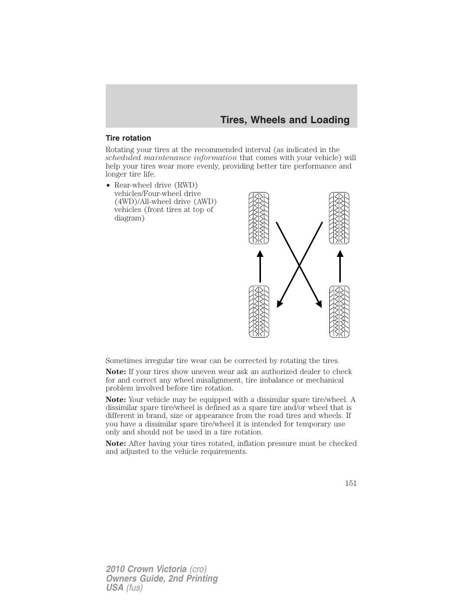 Tire rotation, Tires, wheels and loading | FORD 2010 Crown Victoria v.2 User Manual | Page 151 / 308