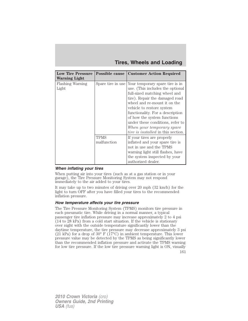 When inflating your tires, How temperature affects your tire pressure, Tires, wheels and loading | FORD 2010 Crown Victoria v.2 User Manual | Page 161 / 308