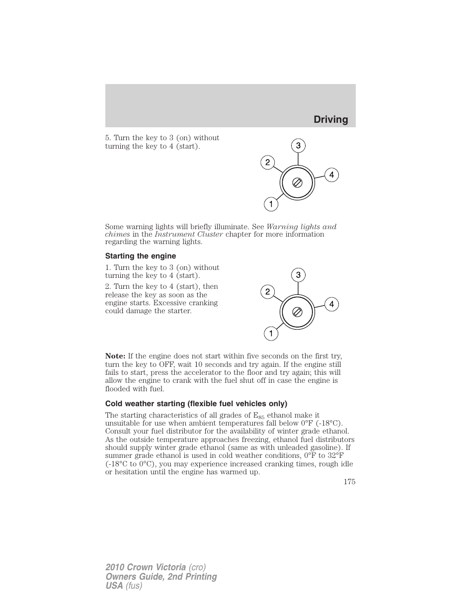 Starting the engine, Driving | FORD 2010 Crown Victoria v.2 User Manual | Page 175 / 308