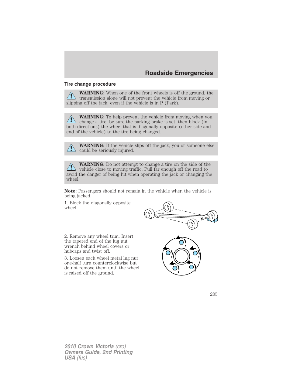 Tire change procedure, Roadside emergencies | FORD 2010 Crown Victoria v.2 User Manual | Page 205 / 308