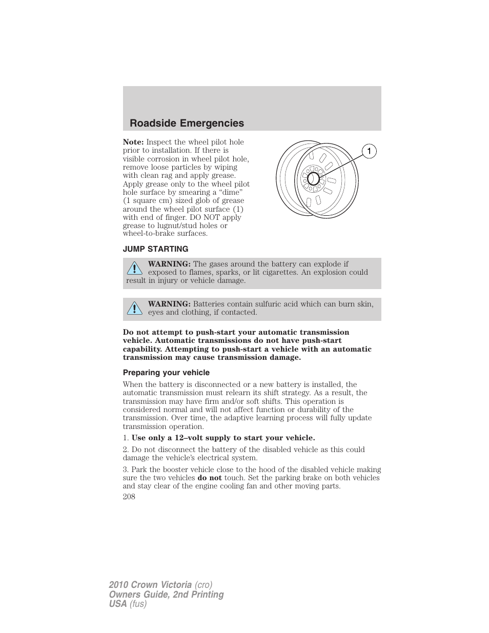 Jump starting, Preparing your vehicle, Roadside emergencies | FORD 2010 Crown Victoria v.2 User Manual | Page 208 / 308