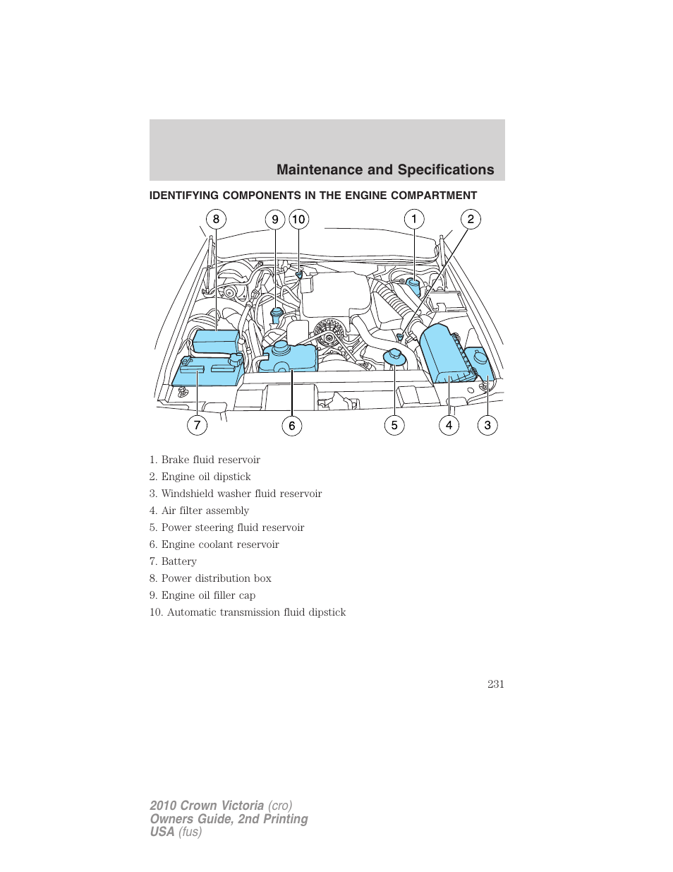 Identifying components in the engine compartment, Engine compartment, Maintenance and specifications | FORD 2010 Crown Victoria v.2 User Manual | Page 231 / 308