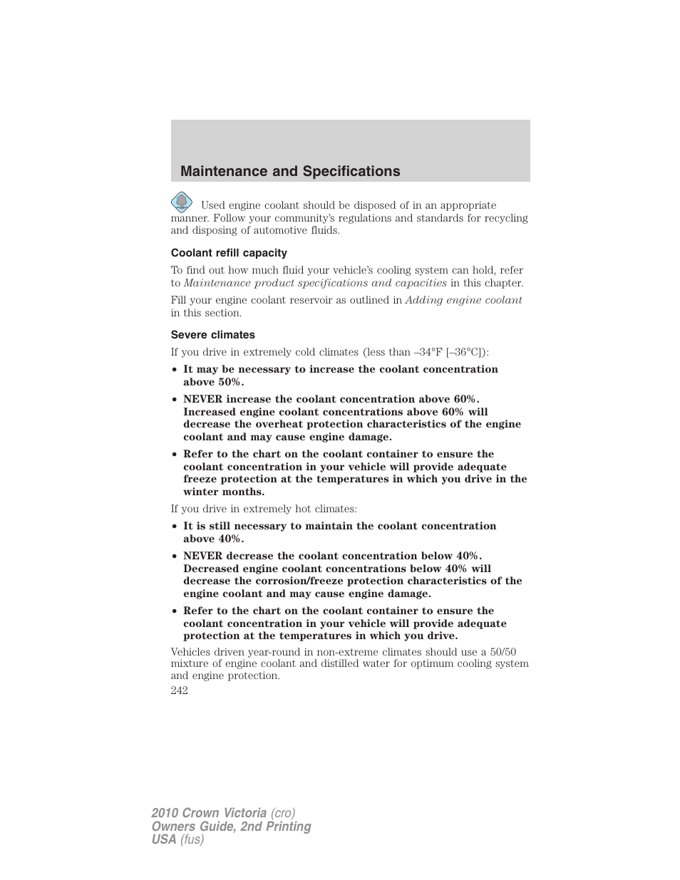 Coolant refill capacity, Severe climates, Maintenance and specifications | FORD 2010 Crown Victoria v.2 User Manual | Page 242 / 308