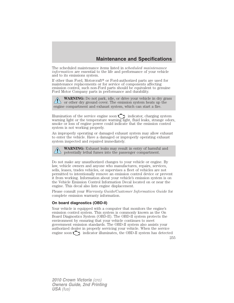 On board diagnostics (obd-ii), Maintenance and specifications | FORD 2010 Crown Victoria v.2 User Manual | Page 255 / 308