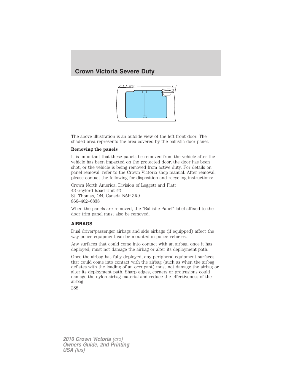 Airbags, Crown victoria severe duty | FORD 2010 Crown Victoria v.2 User Manual | Page 288 / 308