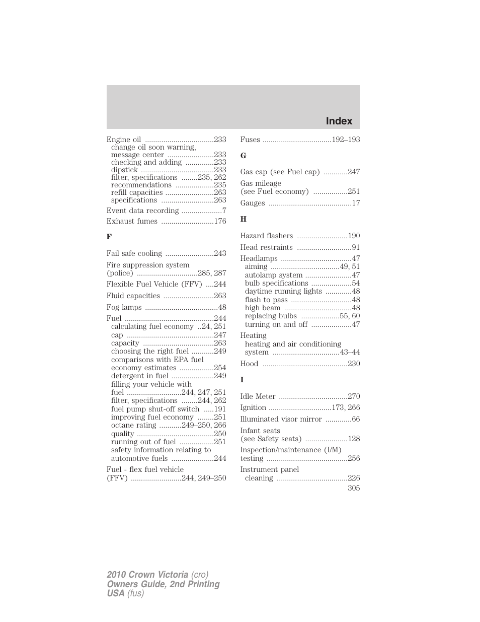 Index | FORD 2010 Crown Victoria v.2 User Manual | Page 305 / 308