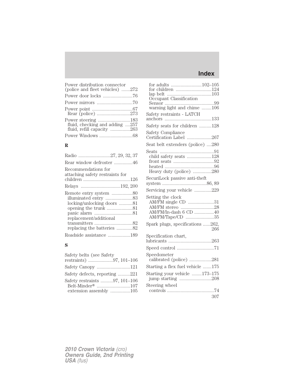 Index | FORD 2010 Crown Victoria v.2 User Manual | Page 307 / 308