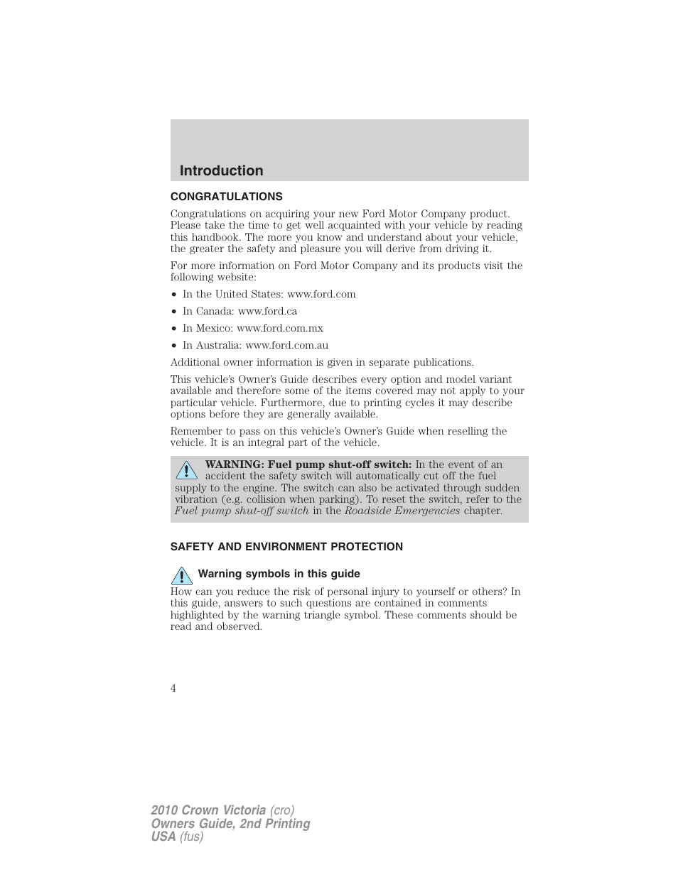 Introduction, Congratulations, Safety and environment protection | Warning symbols in this guide | FORD 2010 Crown Victoria v.2 User Manual | Page 4 / 308