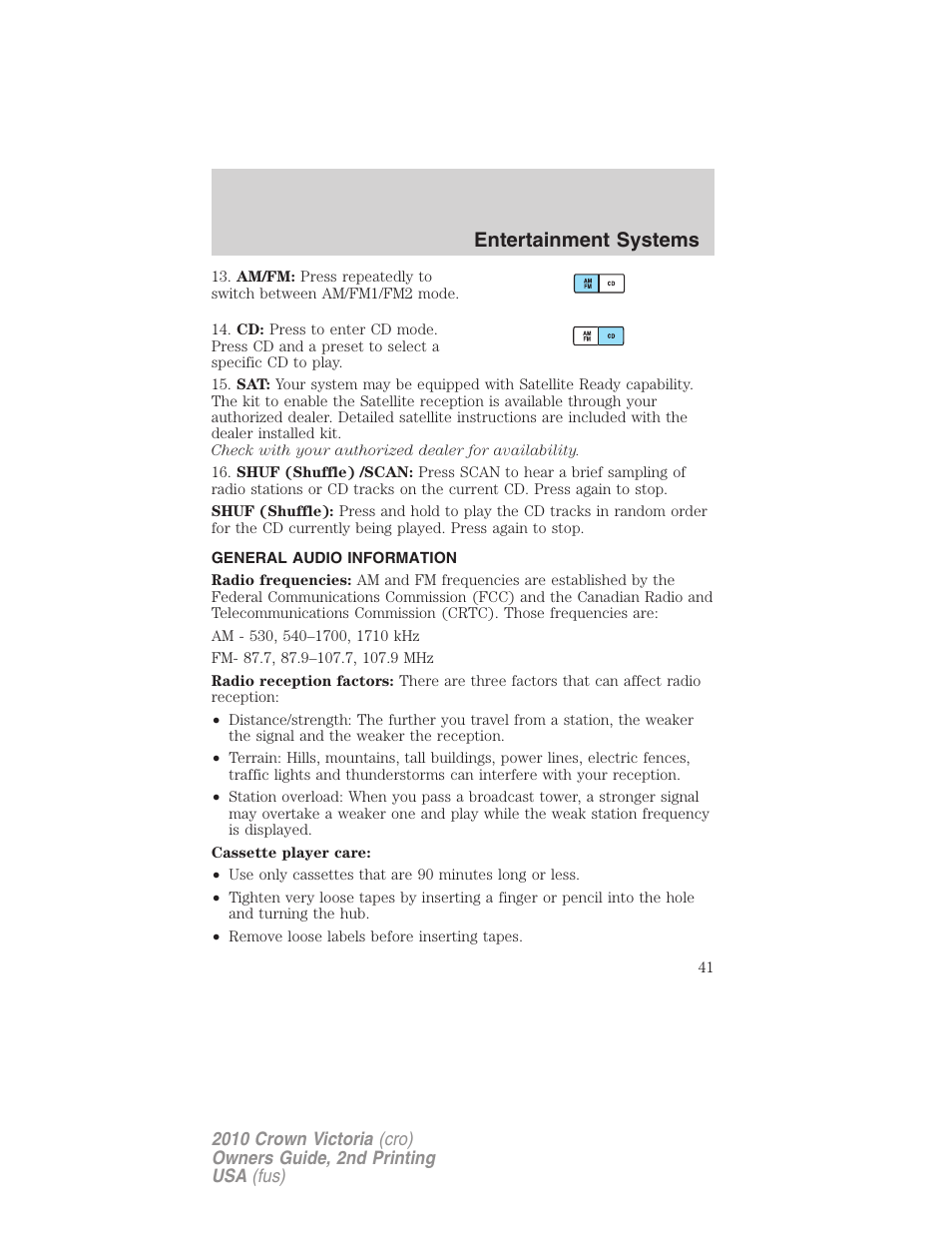 General audio information, Entertainment systems | FORD 2010 Crown Victoria v.2 User Manual | Page 41 / 308