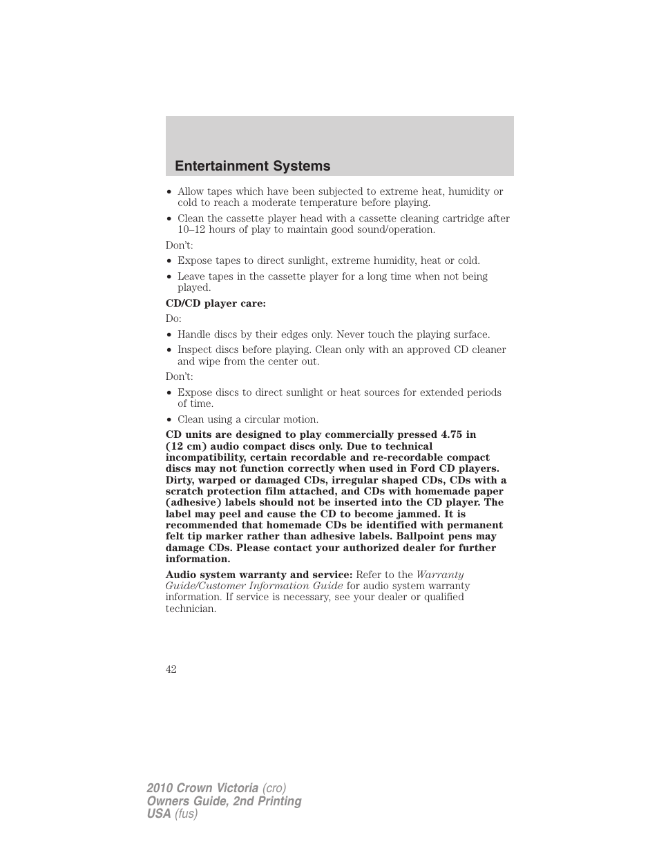 Entertainment systems | FORD 2010 Crown Victoria v.2 User Manual | Page 42 / 308