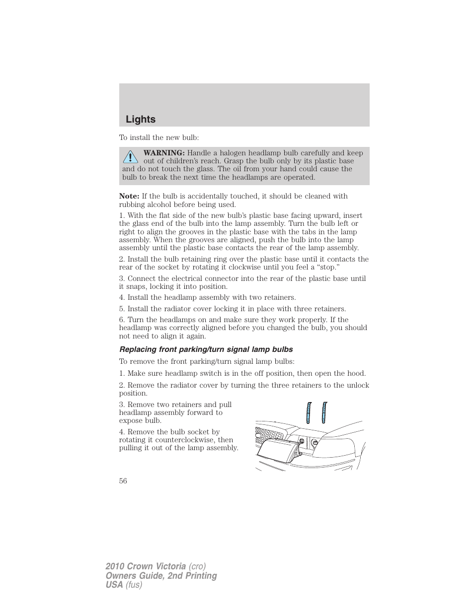 Replacing front parking/turn signal lamp bulbs, Lights | FORD 2010 Crown Victoria v.2 User Manual | Page 56 / 308