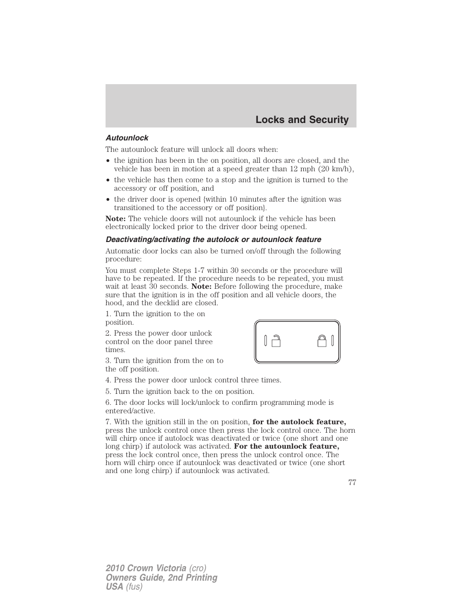 Autounlock, Locks and security | FORD 2010 Crown Victoria v.2 User Manual | Page 77 / 308