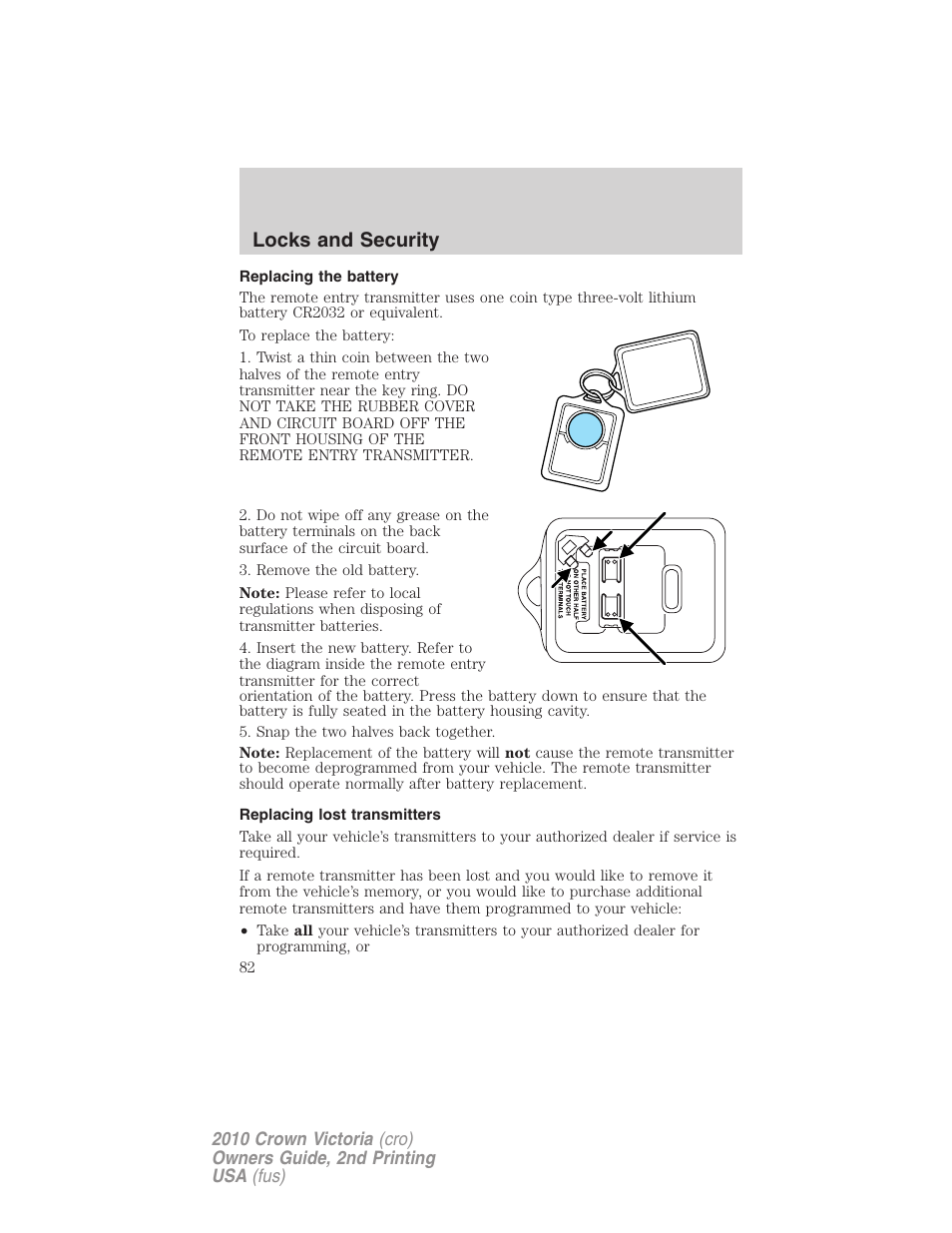 Replacing the battery, Replacing lost transmitters, Locks and security | FORD 2010 Crown Victoria v.2 User Manual | Page 82 / 308