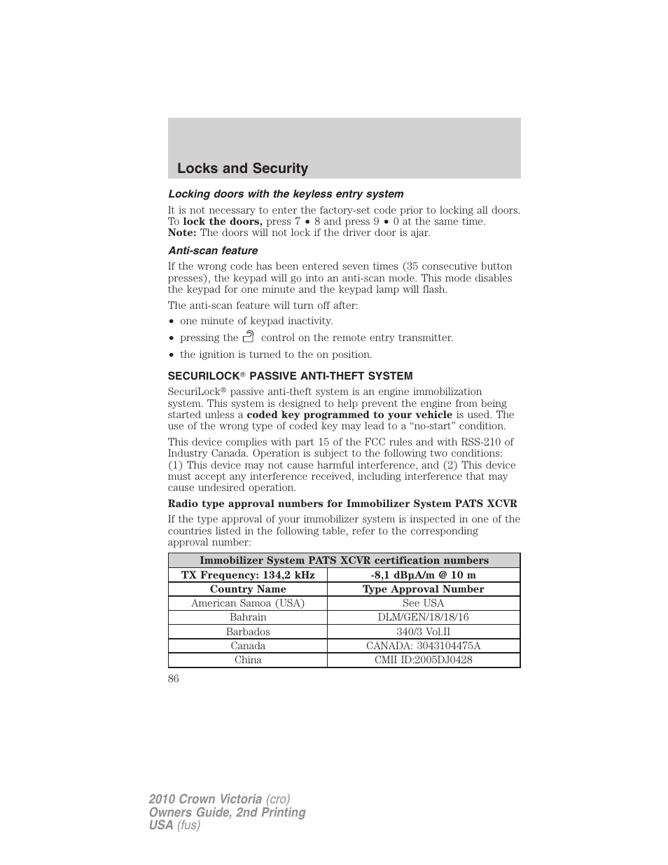 Locking doors with the keyless entry system, Anti-scan feature, Securilock passive anti-theft system | Locks and security | FORD 2010 Crown Victoria v.2 User Manual | Page 86 / 308