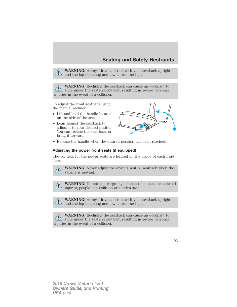 Adjusting the power front seats (if equipped), Seating and safety restraints | FORD 2010 Crown Victoria v.2 User Manual | Page 93 / 308