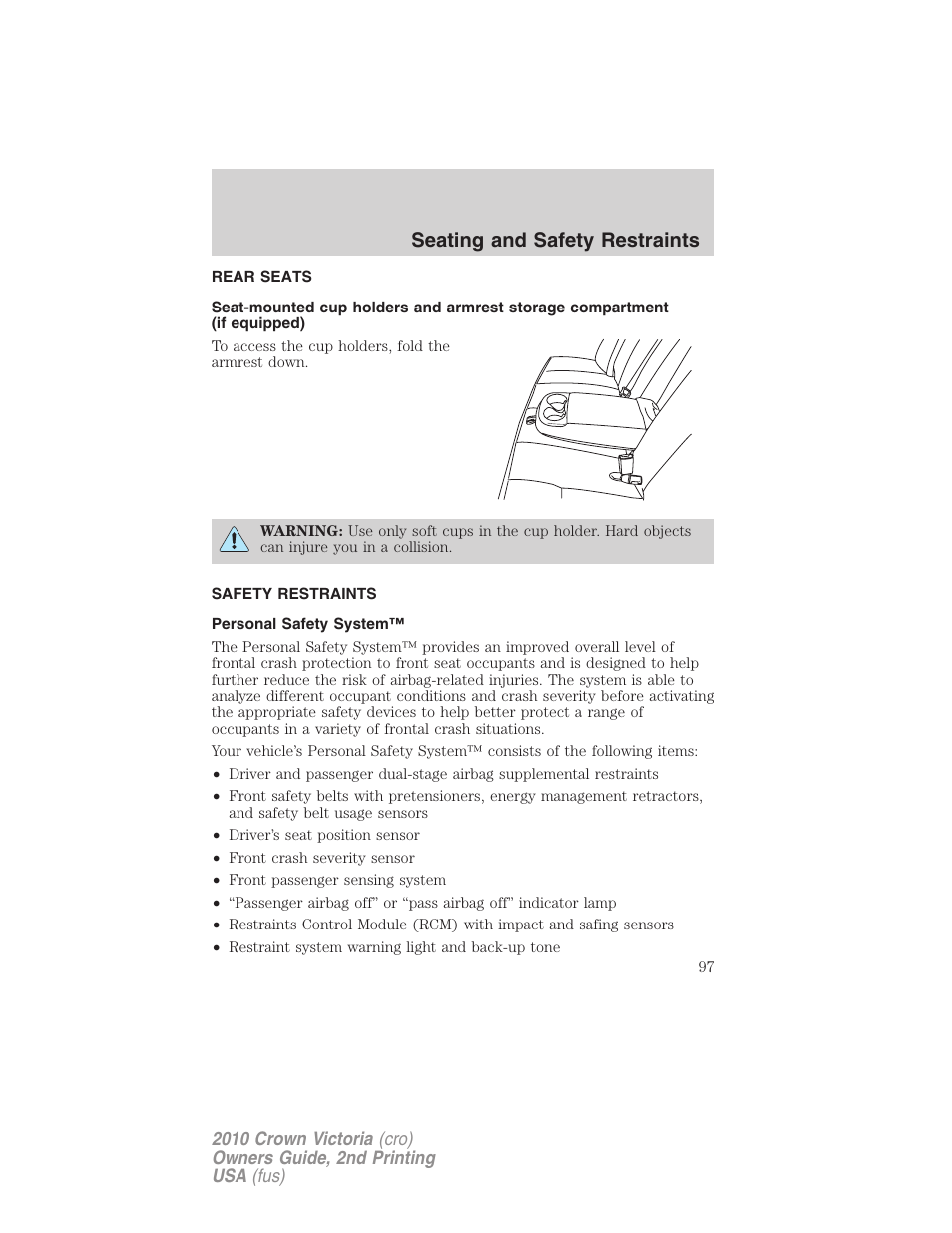 Rear seats, Safety restraints, Personal safety system | Seating and safety restraints | FORD 2010 Crown Victoria v.2 User Manual | Page 97 / 308