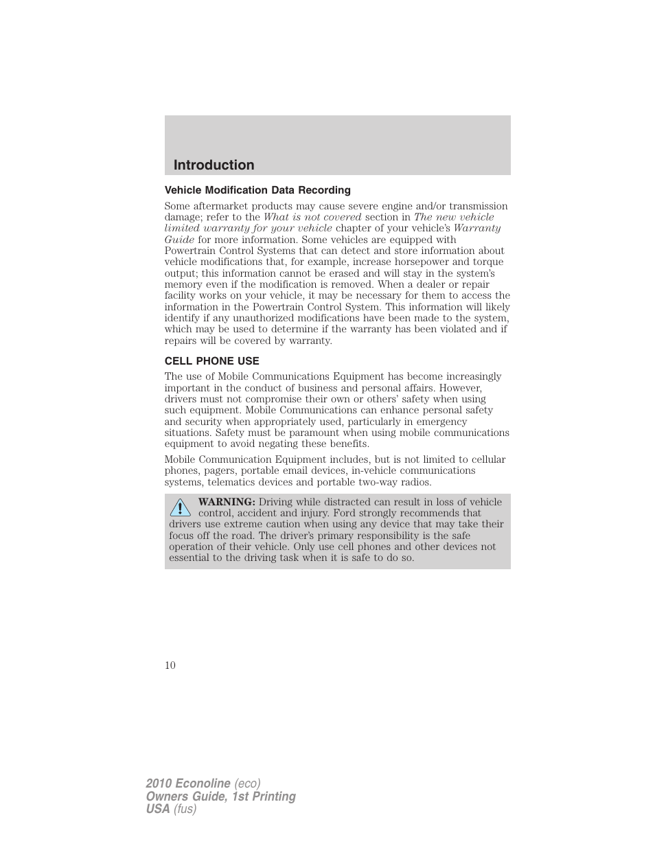 Vehicle modification data recording, Cell phone use, Introduction | FORD 2010 E-450 v.1 User Manual | Page 10 / 324